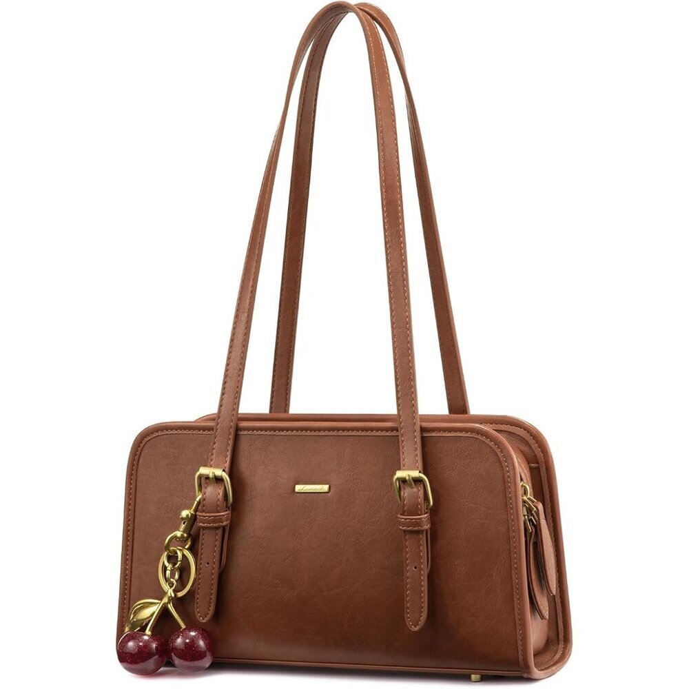 Women's Brown Trendy Swing Zip Hobo Bag - Small Vintage Clutch w/Cherry